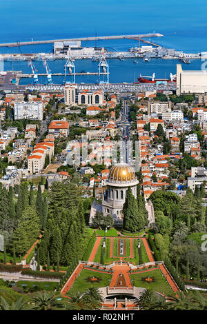 Bahai gardens and temple on the slopes of the Carmel Mountain and view of the Mediterranean Sea and bay of Haifa city, Israel Stock Photo