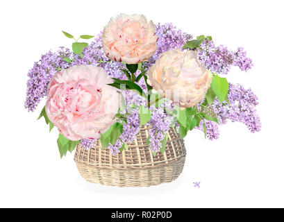 Romantic gentle bouquet of lilac flowers and light pink with creamy tone peonies  in wicker basket, close up, isolated on a white background - festive Stock Photo