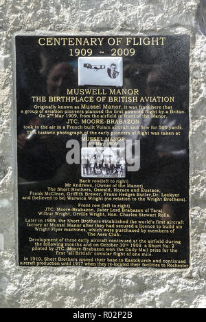 Centenary of Flight memorial stone at Muswell Manor at Leysdown on the Isle of Sheppey in Kent, UK, birthplace of British Aviation. Short Brothers Stock Photo
