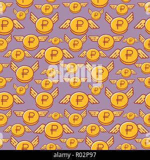Ruble coins with wings, seamless vector pattern, russian currency Stock Vector