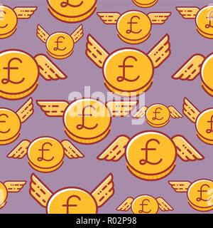 British pound coins with wings, seamless vector pattern, british currency Stock Vector