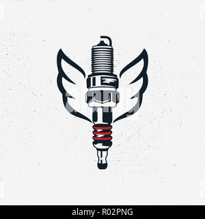 Spark plug with wings. Vintage hand drawn automobile tools. Sparking-plug in silhouette style. Stock isolated on white background Stock Photo