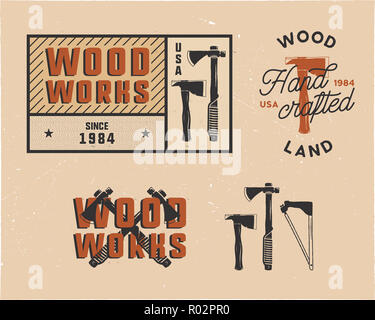 Vintage hand drawn woodworks tags logos and emblems set. Carpentry service label, patch. Typography lumberjack insignia with axes and texts. Retro colors style. Stock illusration isolated. Stock Photo