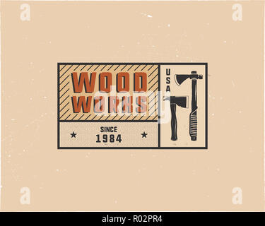 Vintage hand drawn woodworks tag logo and emblem. Carpentry service label, patch. Typography lumberjack insignia with axes and texts. Retro colors style. Stock illusration isolated on white. Stock Photo