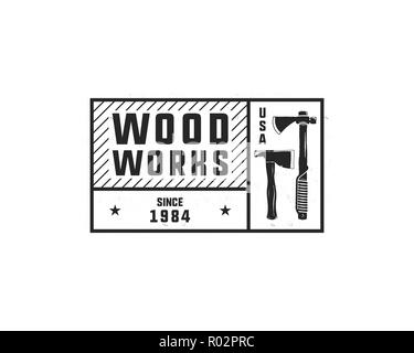 Vintage hand drawn woodworks tag logo and emblem. Carpentry service label, patch. Typography lumberjack insignia with axes and texts. Retro black style. Stock illusration isolated on white. Stock Photo