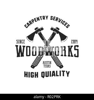 Vintage hand drawn woodworks logo and emblem. Carpentry service label. Typography lumberjack insignia with crossed axes and texts. Retro silhouette style. Stock logotype isolated on white Stock Photo