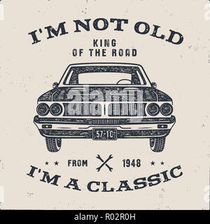 70 Birthday Anniversary Gift brochure. I m not Old I m a Classic, King of the Road words with classic car. Born in 1948. Distressed retro style poster, tee. Stock isolated on white background Stock Photo