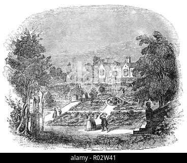 The 16th Century knot garden is a garden of very formal design in a square frame, consisting of a variety of aromatic plants,culinary herbs andges made from box (Buxus sempervirens), whose leaves have a sweet smell when bruised. The paths in between are usually laid with fine gravel. Most Renaissance knot gardens, first established in England in the reign of Queen Elizabeth I, were composed of square compartments. A small garden might consist of one compartment, while large gardens might contain six or eight compartments. Stock Photo