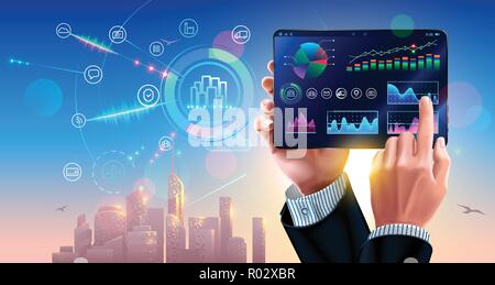 business finance diagram and strategy of sale on screen tablet in hands businessman. Interface mobile application with chart of forecast financial data. Smart business concept. Stock Vector