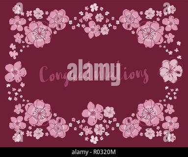 Congratulations vector pink and dark maroon editable floral wreath on a deep burgundy background. Stock Vector