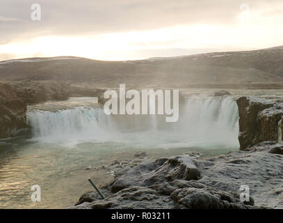 The Powerful Godafoss Waterfall in the Early Winter, Baroardalur District, Northeastern Region of Iceland Stock Photo