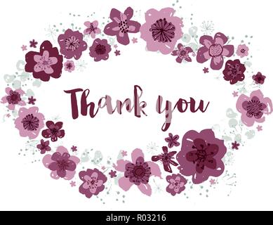 Thank you vector pink and burgundy editable floral wreath with touches of aquamarine blue on a white background. Stock Vector