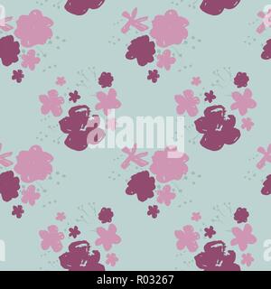 Sophisticated vector pink and burgundy floral seamless pattern on light blue background. Sober, festive and fun. Stock Vector