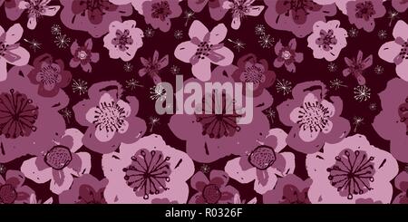 Sophisticated vector pink and burgundy floral seamless pattern on maroon background. Sober, festive and fun. Stock Vector