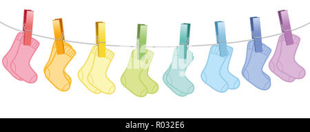 Baby socks. Colored pairs hanging on a clothes line - illustration on white background. Stock Photo