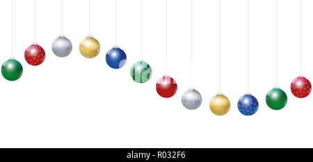 Christmas balls. Golden, silver, red, green and blue glossy Christmas tree balls with snowflake ornaments hanging on strings and forming a wave. Stock Photo