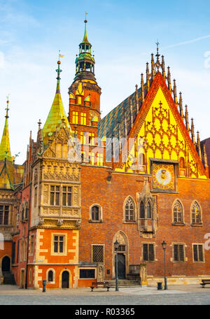 East elevation of Old Town Hall in Market Square at dawn, Wroclaw. Lower Silesia, Poland Stock Photo