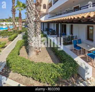 Outside hotel rooms in Aldemar Amilia Mare & Paradise Village, Kalithea, Rhodos, Greece