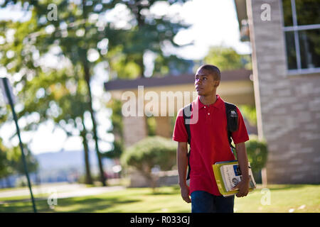 Teenage boys walking away from school with textbooks Stock Photo