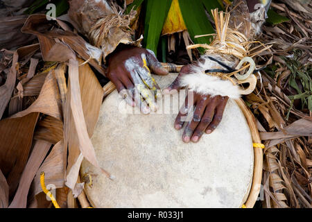 Hands of traditional musician playing a drum. Stock Photo