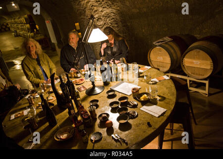 Group of mature adults seated around a round table laid with wine bottles and snacks inside a darkened room. Stock Photo