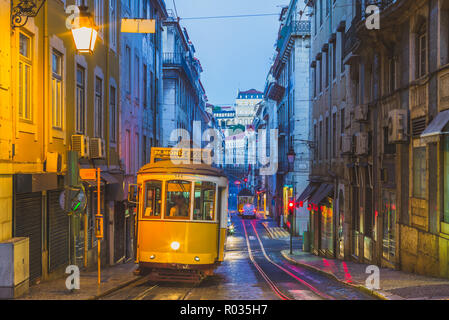 tram on line 28 in lisbon, portugal at night Stock Photo