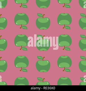 Green apple art seamless pattern on pink background Stock Vector