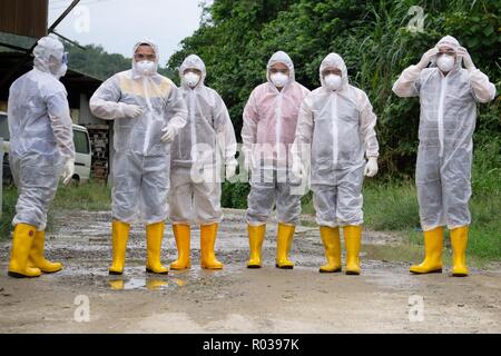 Tuaran Sabah Malaysia-Aug 4,2018: Veterinary worker wearing personal protection equipment during avian influenza (bird flu) checking on chicken barn Stock Photo