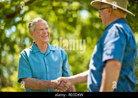 Smiling senior man greeting a friend with a handshake in a park. Stock Photo