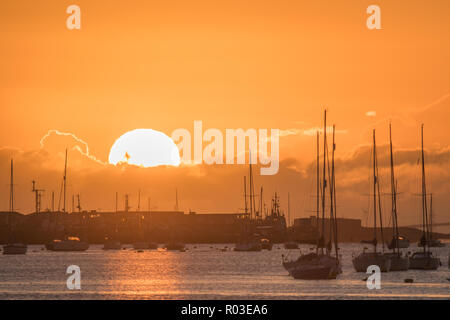 The sun rises over Hoo marina in Kent.  Featuring: Atmosphere Where: Hoo, United Kingdom When: 01 Oct 2018 Credit: WENN.com Stock Photo