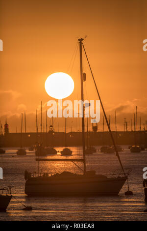 The sun rises over Hoo marina in Kent.  Featuring: Atmosphere Where: Hoo, United Kingdom When: 01 Oct 2018 Credit: WENN.com Stock Photo