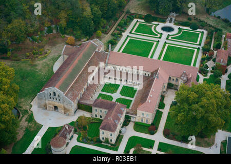 AERIAL VIEW. Fontenay Abbey. Montbard, Côte d'Or, Bourgogne-Franche-Comté, France. Stock Photo