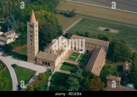 AERIAL VIEW. Benedictine Abbey of Pomposa. Codigoro, Province of Ferrara, Emilia-Romagna, Italy. Stock Photo