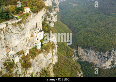 AERIAL VIEW from a 6-meter mast. Sanctuary on a ledge on a rock face. Sanctuary of Madonna della Corona. Spiazzi, Province of Verona, Veneto, Italy. Stock Photo