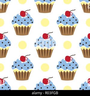 Cupcake vector pattern blue white background Stock Vector
