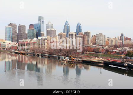 Philadelphia skyline from Schuylkill River overlook in April, Pennsylvania Stock Photo