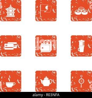 Asia palace icons set, grunge style Stock Vector