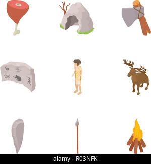 Cave life icons set, isometric style Stock Vector