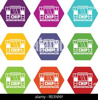 Chip microcontroller icons set 9 vector Stock Vector