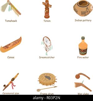 Native american icons set, isometric style Stock Vector