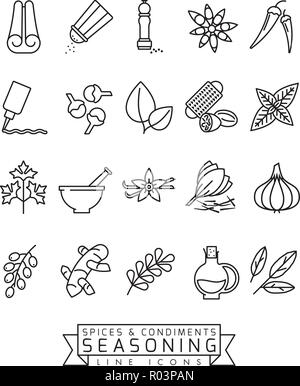 Spices, condiments and seasoning vector line icon set Stock Vector