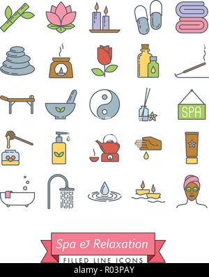 Spa, aromatherapy and herbal medicine vector filled line icon collection. Set of 25 symbols. Stock Vector