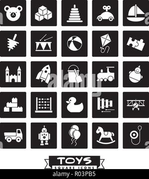 Collection of solid black childrens toys icons, negative in rounded squares Stock Vector