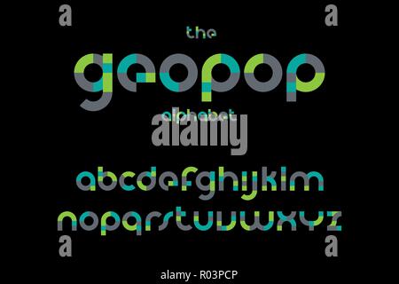 Vector of modern, geometric, bold graphic font with three colors. Each character grouped, global colors. Stock Vector
