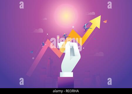 Business team running on drawn data graph. Vector illustration business concept, Graph and chart, Cartoon character Stock Vector