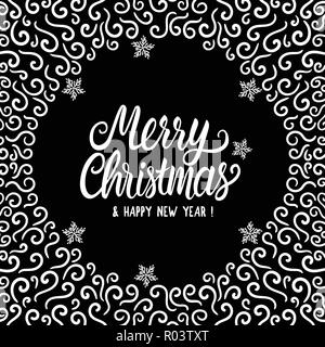 Inscription Merry Christmas and Happy New Year. Card square with a round place under the text. Winter frosty curls hand drawing. Vector illustration isolated on black background. Stock Vector
