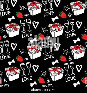 Seamless pattern. Merry Christmas and Happy new year fashion sketch celebration gift box, champagne with strawberries. Hand drawn Vector illustration isolated on dark black background. Stock Vector