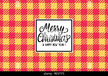 Merry Christmas white hand drawn lettering text inscription. Vector illustration Checkered red yellow orange Wide background. Holiday Happy New Year Greeting Design Card Stock Vector