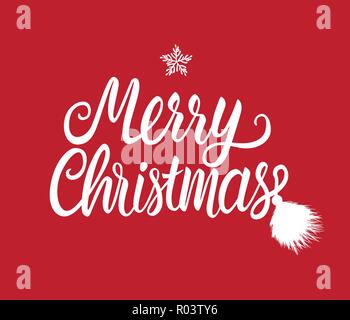 Merry Christmas white hand drawn lettering text inscription sticker. Vector illustration isolated on red background. Holiday Greeting Design Card Stock Vector