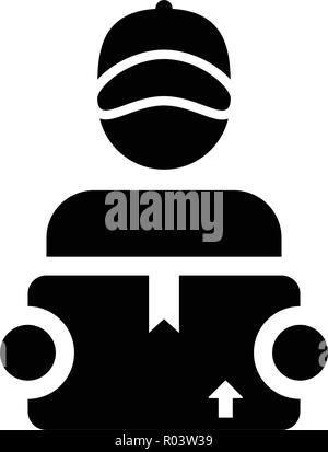 Delivery icon vector male worker logistics service person profile avatar with cargo package box for courier in Glyph Pictogram Symbol illustration Stock Vector